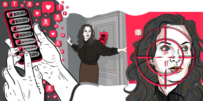 Illustration: Eine Frau im Visier eines Unbekannten und unzählige Drohnachrichten auf dem Handy